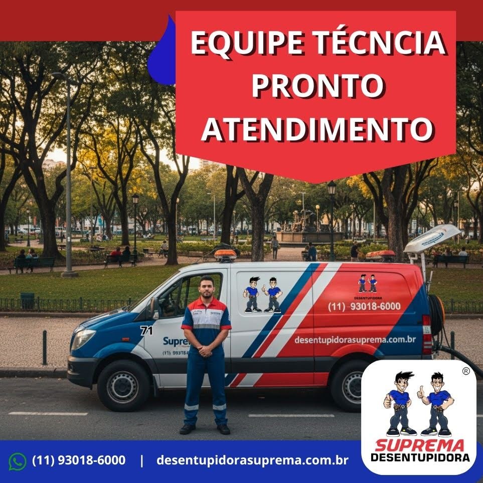 Equipe técnica da Suprema Desentupidora em pronto atendimento com veículo equipado